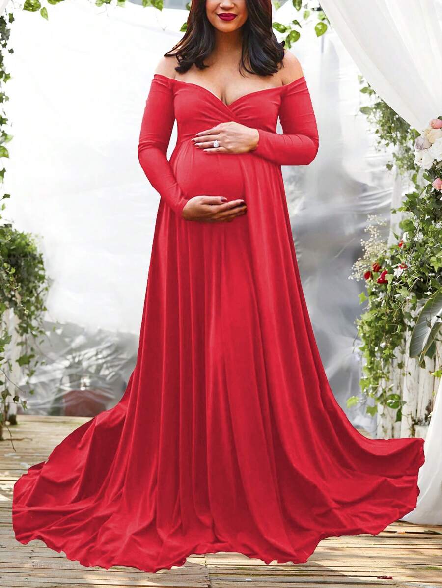 Maternity Off-Shoulder Floor-Length Photography Dress - Màu Đỏ Sâu - Xem 1