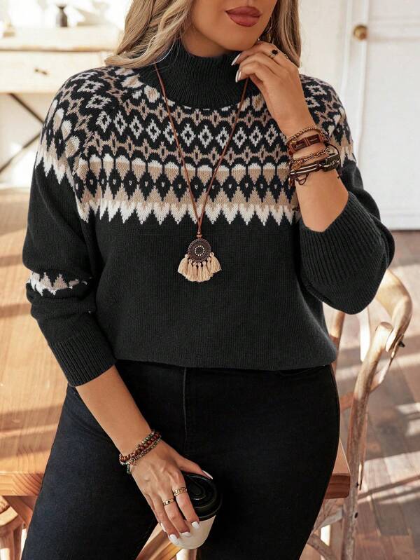 Calvaya Plus Size Women's Geometric Pattern Stand Collar Sweater