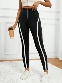 SHEIN Essnce Của phụ nữ Giải trí Màu sắc Chặn Chặt Phù hợp Quần skinny Đen Quần - Đen và trắng - Xem 4