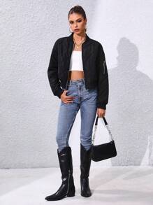 SHEIN Unity Women's Solid Color Bomber Collar Cropped Padded Padded Coat Clothes Winter - Black - View 6