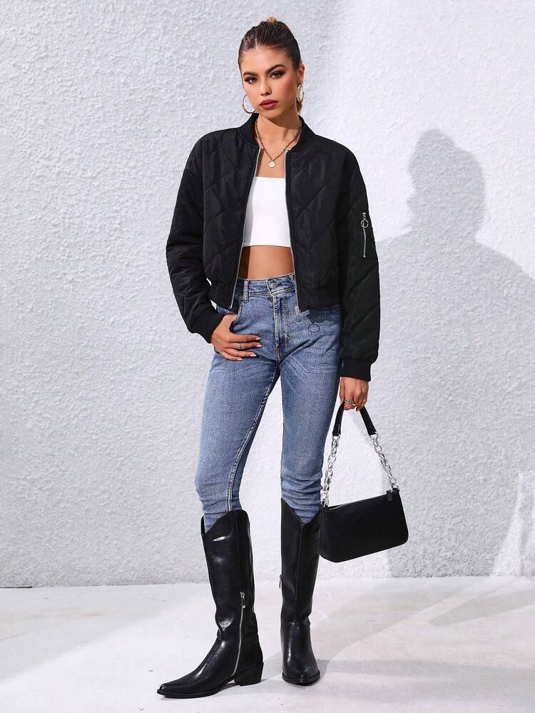 Women's Solid Color Bomber Collar Cropped Padded Padded Coat Clothes Winter