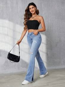 SHEIN Tall High-Waist Flared Jeans With Distressed Details - Light Wash - View 5