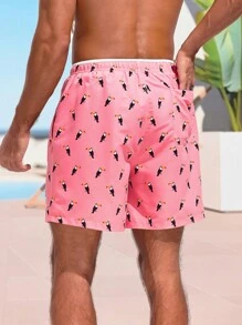 Surfspeed Men's Bird Print Drawstring Waist Beach Shorts - Pink - View 2
