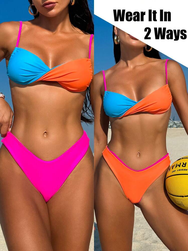Ladies' Color Block Bikini Set With 2 Wearing Ways Carnival Summer Beach