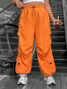 SHEIN Coolane Pantalones De Talla Grande Con Cintura De Cordón Y Bolsillos Para Mujer - Naranja - Ver 5