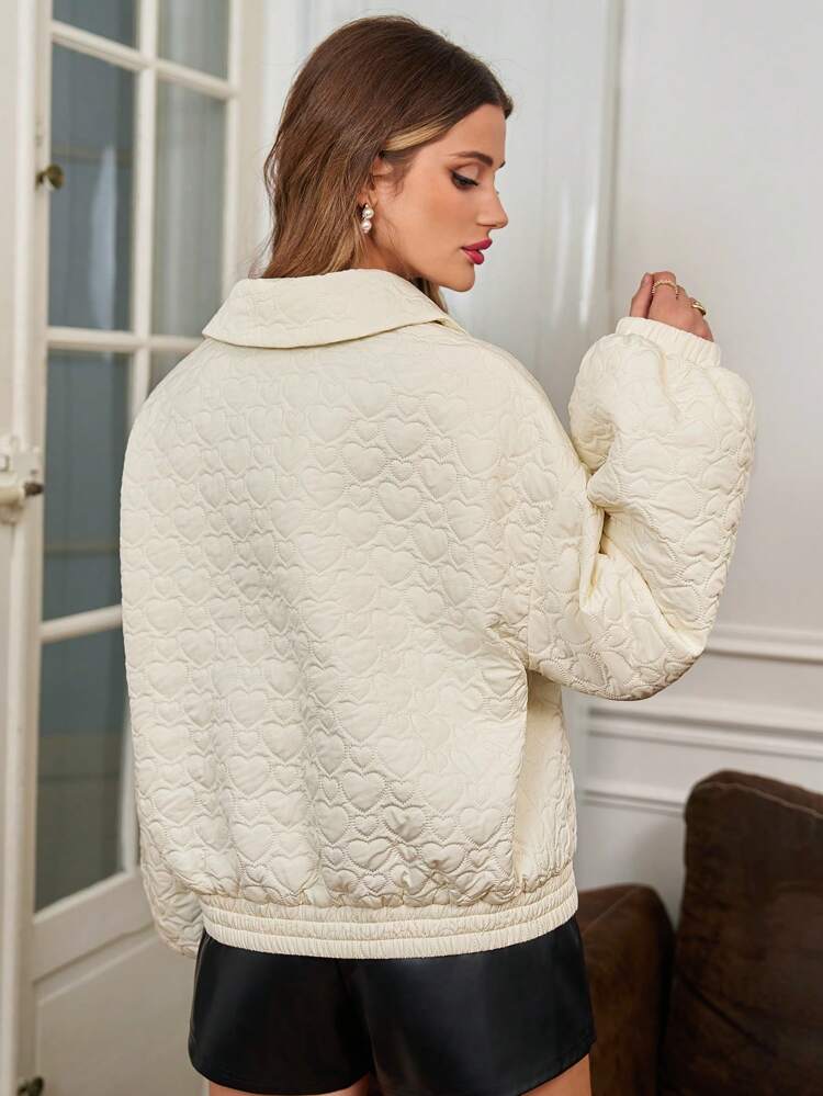 Women's Quilted Heart Pattern Loose Fit Casual Collared Padded Coat With Filling Winter White