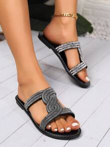 2024 年新款女士水钻户外时尚简约风格凉鞋，软底平底 - 黑色 - 查看 2