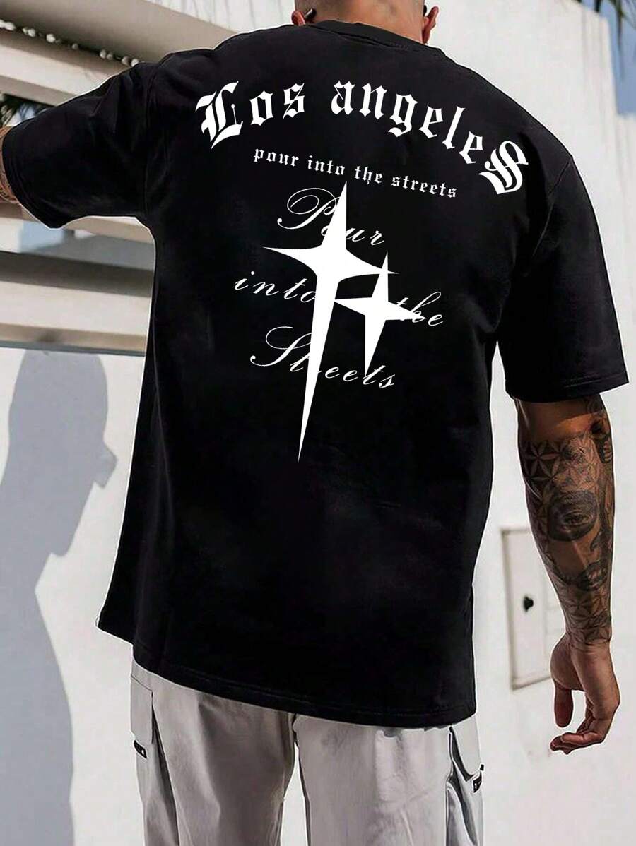 Manfinity EMRG 鬆身男士星星和口號印花t恤 - 黑色 - 查看 1