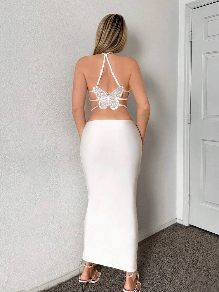 Women's White Slim Fit Hollow Out Spaghetti Strap Butterfly Dress With Back Lace Butterfly Decorated