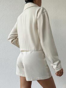 RueChic Solid Flap Pocket Jacket & Shorts Set - Beige - View 2