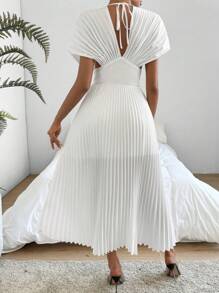 Firerie Deep V-Neck Hollow Out Back Ribbon Pleated Waist Dress - White - View 2