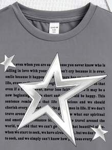 Tween Girls' Casual Simple Five-Pointed Star Pattern Short Sleeve Round Neck T-Shirt Suitable For Spring And Summer