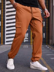 Manfinity Homme Men's Cargo Straight Leg Casual Pants - Red Orange - View 3