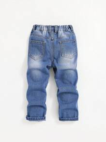 SHEIN Young Boy Letter Cartoon Print Distressed Denim Jeans - Dark Wash - View 2