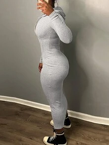 Women's Solid Color Half Zipper Hooded Bodycon Dress - Grey - View 3