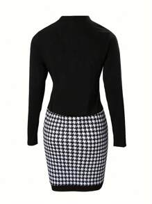 SHEIN Essnce 大碼千鳥格印花拼接裙 - 黑色 - 查看 2