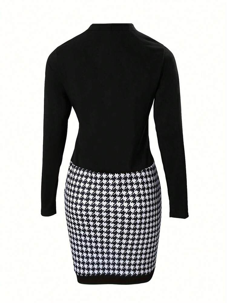SHEIN Essnce Kích thước lớn In Houndstooth Vá lại Đầm - màu đen - Xem 2