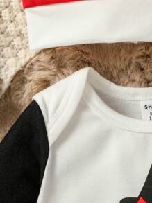 2024 New Year Baby Girl Jumpsuit Age 1 New Year Printed Round Neck Contrast Color Block Sleeve Long Leg Jumpsuit Simple Casual Fashionable Cool Autumn/Winter - Multicolor - View 3