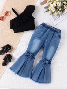 SHEIN Young Girl Spring/Autumn Fashionable & Elegant Sleeveless Cami Top And Bow Detail Flare Leg Jeans Set - Black - View 1