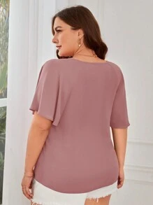 SHEIN Clasi Của phụ nữ Kích thước lớn Màu thuần Nút Vòng cổ Tay Raglan Áo sơ mi - Bụi hồng - Xem 2