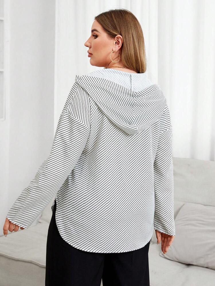Plus Size Striped Drawstring Hoodie Shirt