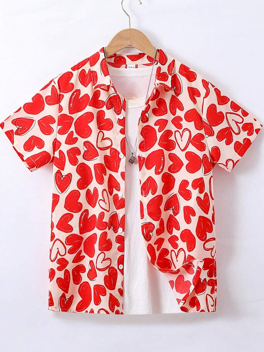 Áo sơ mi hình trái tim in hình cậu bé tuổi teen thường ngày, ngày lễ tình nhân - Đỏ - Xem 1