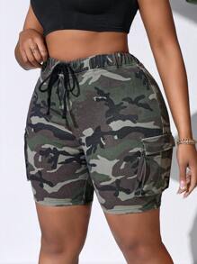 SHEIN SXY Pantalones Cortos De Mezclilla Ajustados Sexy Y De Camuflaje Con Estilos De Alta Cintura Para Mujeres De Talla Grande - Multicolor - Ver 1