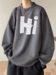 Claim Dot Áo nỉ cổ tròn in chữ dáng rộng thoải mái cho nam - Màu xám đen - Xem 1