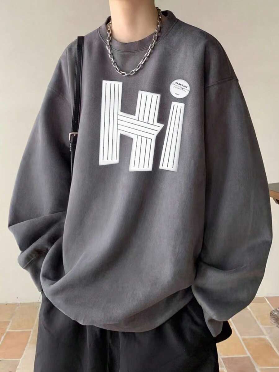 Claim Dot Áo nỉ cổ tròn in chữ dáng rộng thoải mái cho nam - Màu xám đen - Xem 1