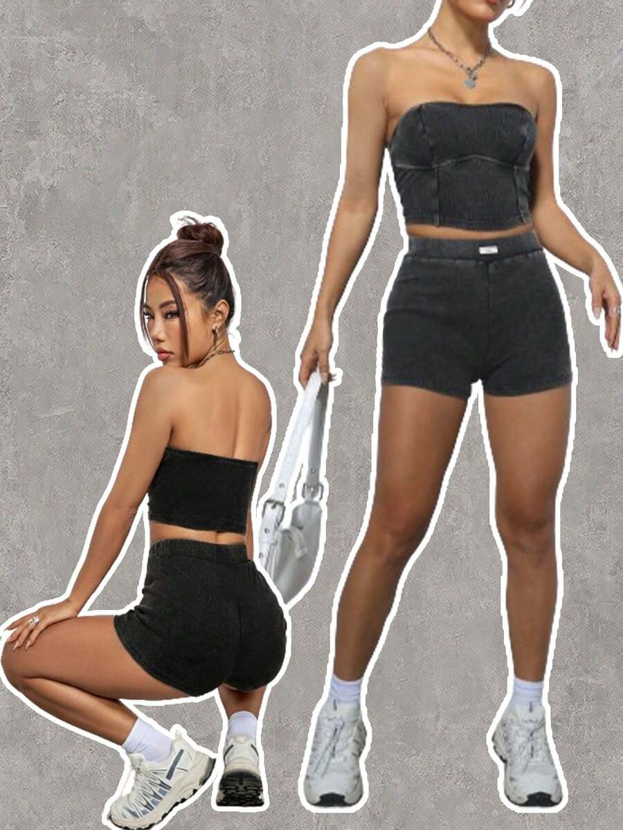 SHEIN EZwear 女士無肩帶上衣和短褲套裝 - 灰色 - 查看 1