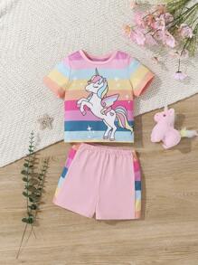 SHEIN Conjunto casual para bebé niña con patrón de unicornio, parte superior de manga corta a rayas y pantalones cortos de bloque de color - Multicolor - Ver 1