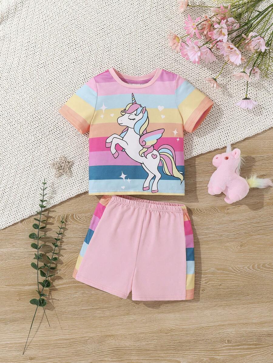 SHEIN Conjunto casual para bebé niña con patrón de unicornio, parte superior de manga corta a rayas y pantalones cortos de bloque de color - Multicolor - Ver 1