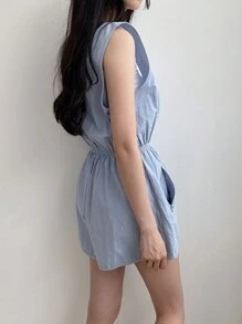 DAZY 简约半扣宽松剪裁连体裤式家居服，配有抽绳腰部睡衣 - 藍色 - 查看 2