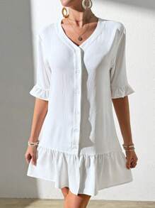 SHEIN VCAY 女式荷葉邊單排釦前衣領上衣 - 白色 - 查看 3