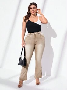 SHEIN Essnce 加大彈力高腰鑲鑽喇叭牛仔褲,卡其色 - 卡其色 - 查看 5