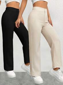 SHEIN PETITE Conjunto de dos piezas de pantalones de pierna recta de unicolor, para mujeres de talla pequeña - Multicolor - Ver 5
