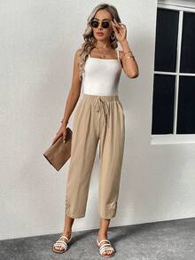 SHEIN LUNE Casual Lace Cuff Slant Pocket Pants - Khaki - View 6
