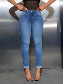 女士修身卷边牛仔裤保暖加厚牛仔布 - 藍色 - 查看 1