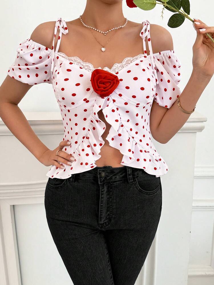 Women's Valentine's Day Polka Dot Mesh Sheer Puff Sleeve Top With 3d Flowers