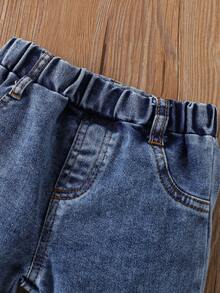 Đứa bé gái Hoa Hướng dương Lá thư In Ngắn tay Áo Và Quần denim Bộ - màu đen - Xem 6
