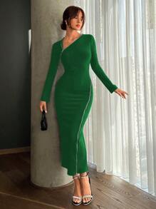 Aloruh Vestido feminino assimétrico com gola contrastante e acabamento sexy bodycon - Verde - Ver 5