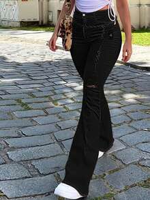 Women's Distressed Flare Jeans - Black - View 3