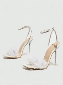 女士方头露趾水钻踝带透明透气闪亮水晶高跟凉鞋，白色情人节