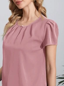 SHEIN Clasi 女款純色褶皺泡泡袖襯衫 - 粉色 - 查看 4
