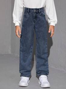 SHEIN Tween Girl'S Sun Face Print Denim Pants - Dark Wash - View 4