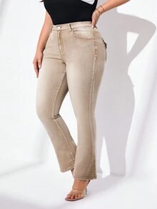 SHEIN Essnce 加大彈力高腰鑲鑽喇叭牛仔褲,卡其色 - 卡其色 - 查看 3