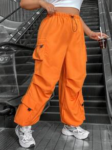 SHEIN Coolane Pantalones De Talla Grande Con Cintura De Cordón Y Bolsillos Para Mujer - Naranja - Ver 4