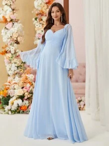 SHEIN Belle Adult Bridesmaid Dress With Layered Ruffle Trim, Ruched Bust And Umbrella Dress Design - Baby Blue - View 7