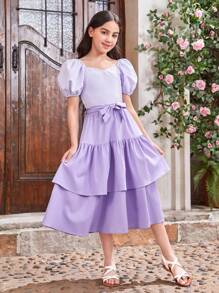 SHEIN Camisa con cuello corazón y mangas abullonadas a rayas, con cinturón desmontable y falda con volantes a juego para niña preadolescente (se venden por separado 2 conjuntos a juego mamá e hija)