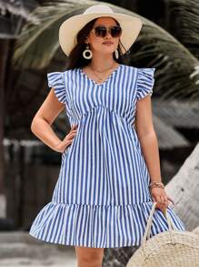 SHEIN VCAY Plus Size Striped Ruffle Trimmed Cruise Outfits Dress - Multicolor - View 4
